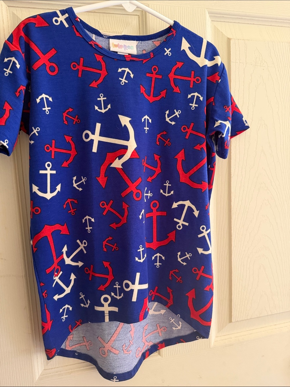 LuLaRoe Kids Royal Blue Gracie Tee with Red & White Anchors